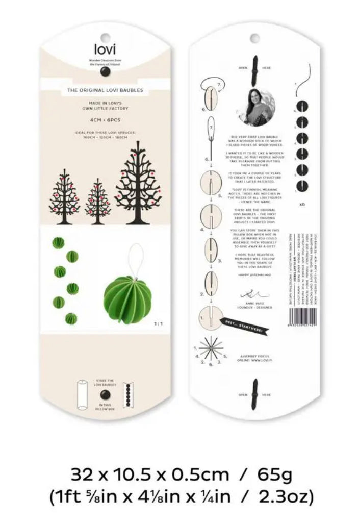 6 stk julekuler i bjørkefinér, mørk grønn