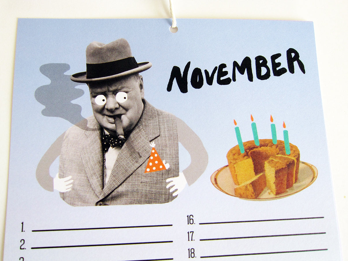 Bursdagskalender med elleville historiske personer, A5-format