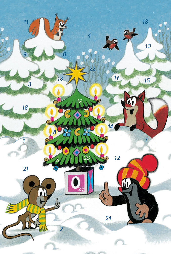 Minikort-kalender med luker - Den lille muldvarpen juletre i skogen