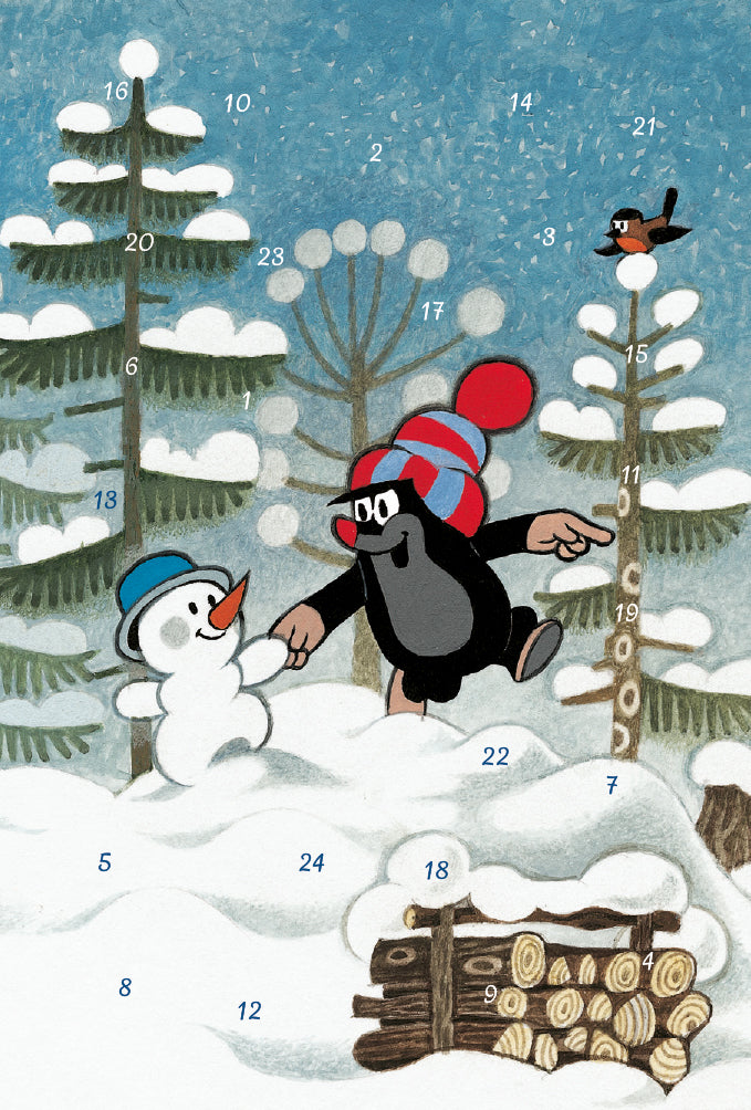 Minikort-kalender med luker - Den lille muldvarpen & snømann