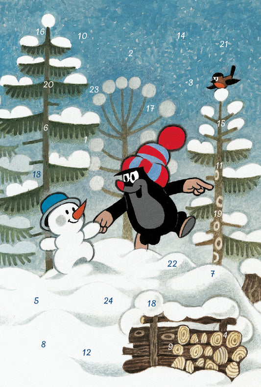 Minikort-kalender med luker - Den lille muldvarpen & snømann