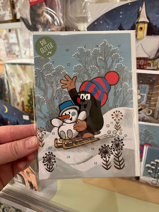 Minikort-kalender med luker - Den lille muldvarpen & gave